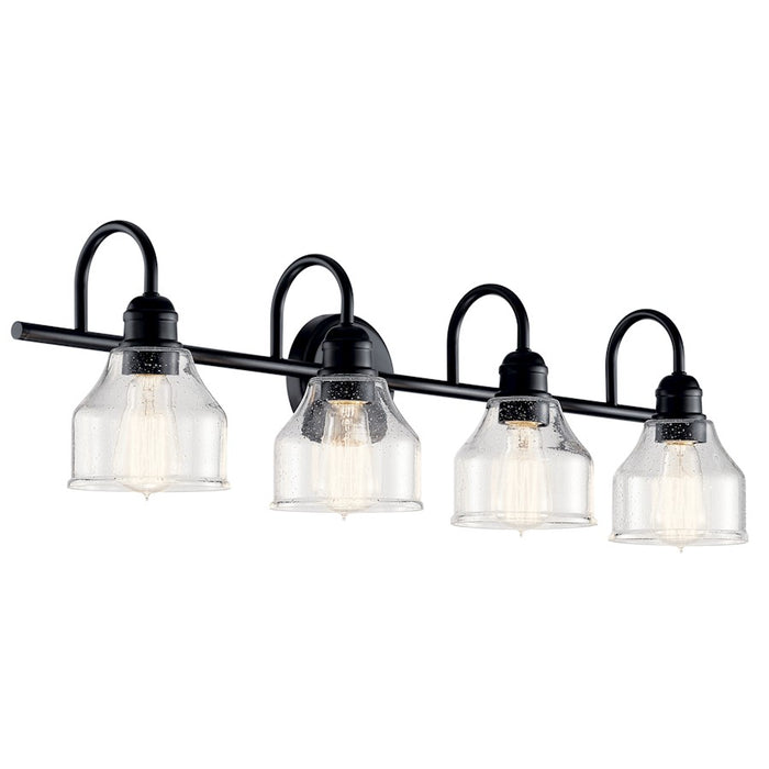Kichler Avery 33.5in 4-Light Vanity Light | Industrial Black & Clear Seeded Glass | Bathroom Vanity Lighting | 60W Max per Socket, Dimmable | Model 45974BK