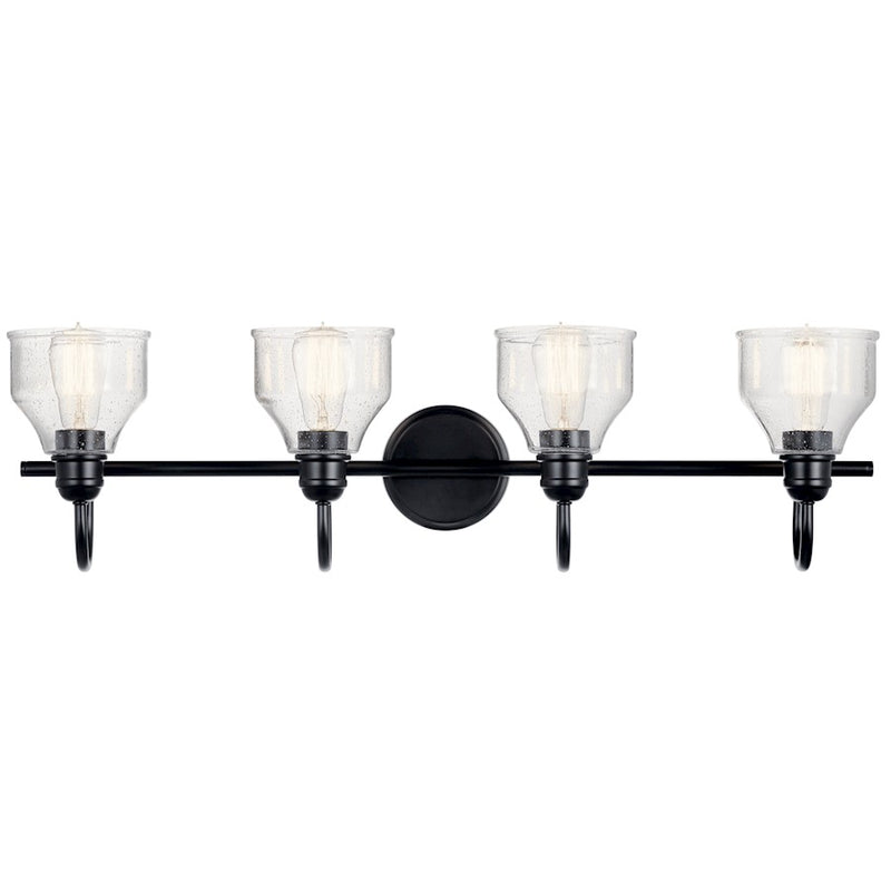 Kichler Avery 33.5in 4-Light Vanity Light | Industrial Black & Clear Seeded Glass | Bathroom Vanity Lighting | 60W Max per Socket, Dimmable | Model 45974BK