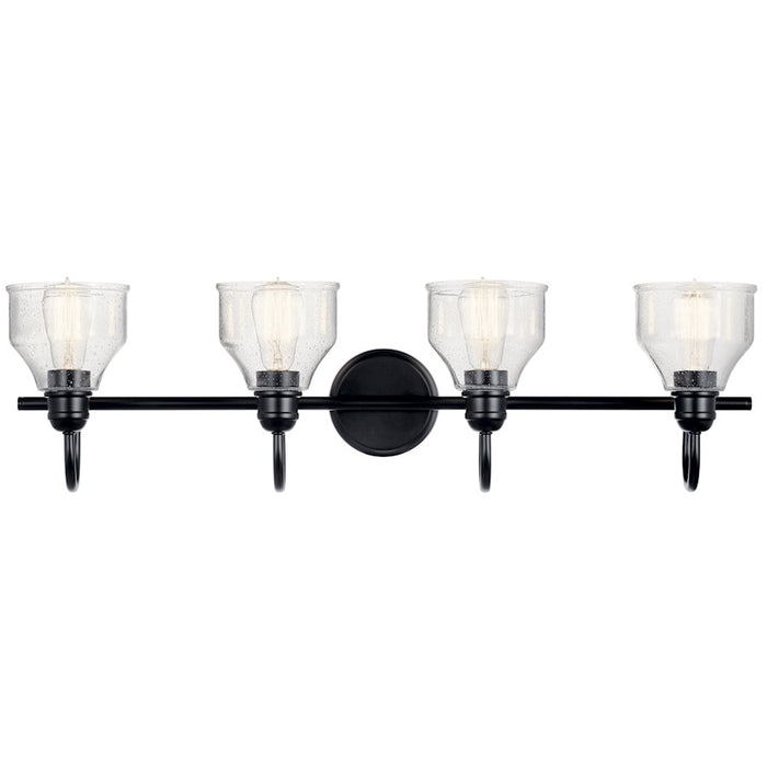 Kichler Avery 33.5in 4-Light Vanity Light | Industrial Black & Clear Seeded Glass | Bathroom Vanity Lighting | 60W Max per Socket, Dimmable | Model 45974BK