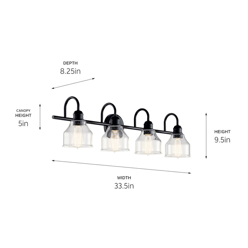 Kichler Avery 33.5in 4-Light Vanity Light | Industrial Black & Clear Seeded Glass | Bathroom Vanity Lighting | 60W Max per Socket, Dimmable | Model 45974BK