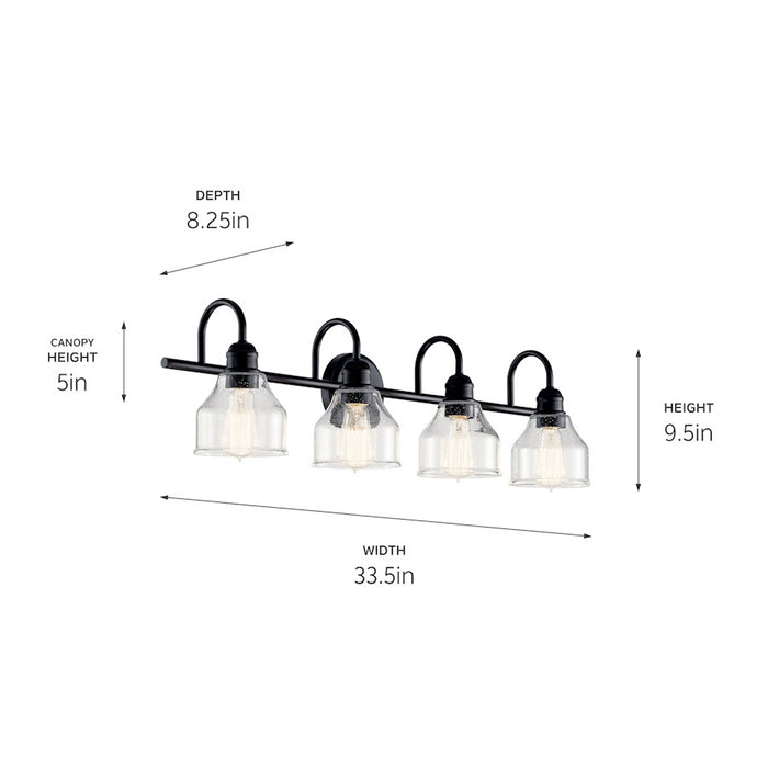 Kichler Avery 33.5in 4-Light Vanity Light | Industrial Black & Clear Seeded Glass | Bathroom Vanity Lighting | 60W Max per Socket, Dimmable | Model 45974BK