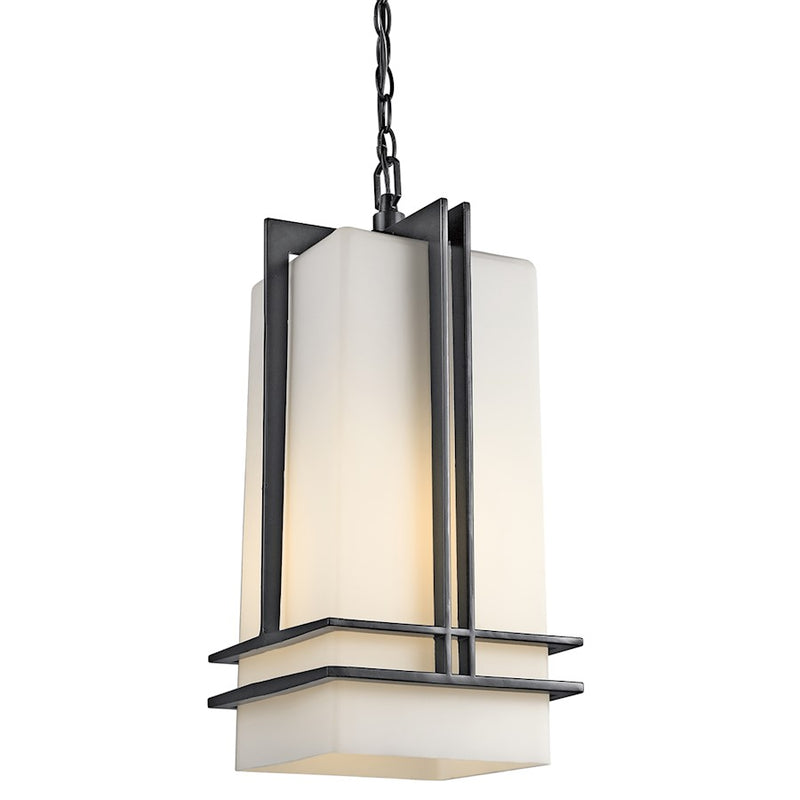 Kichler Tremillo 7in 1-Light Outdoor Pendant | Contemporary Black and Satin Etched Cased Opal Glass | Covered Porch & Walkway | Model 49205BK