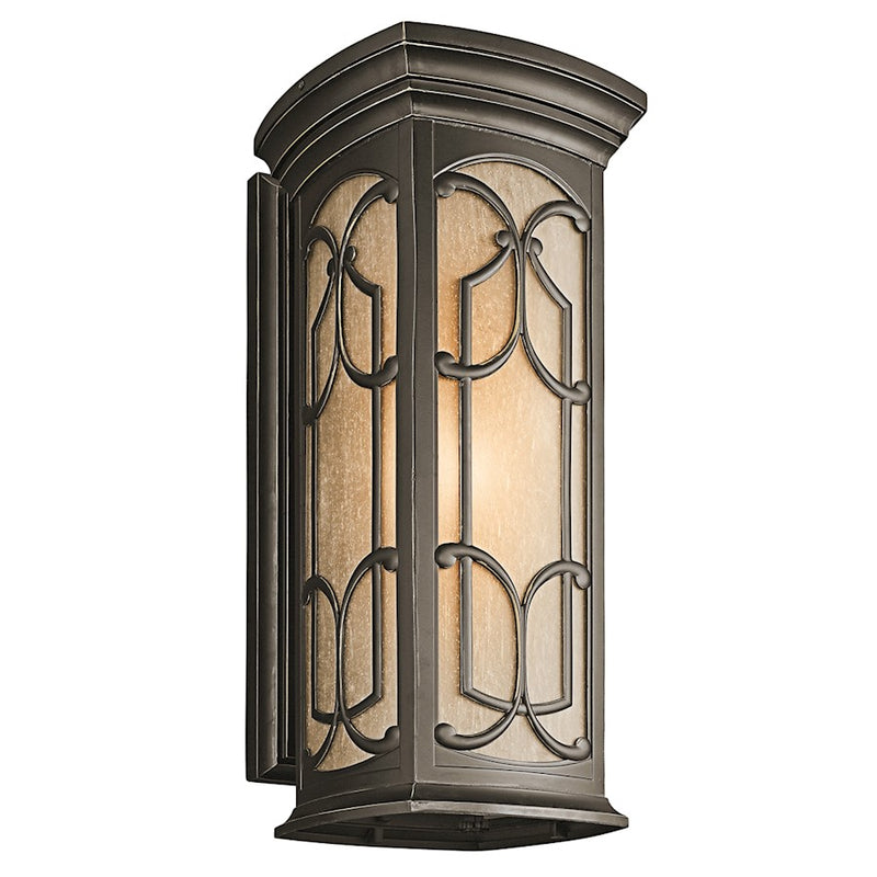 Kichler Franceasi 10in 1-Light Outdoor Wall Sconce | Traditional Olde Bronze and Light Umber Seeded Glass | Covered Patios | Model 49229OZ