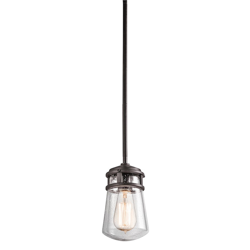Kichler Lyndon 5in 1-Light Outdoor Pendant | Transitional Architectural Bronze and Clear Seeded Glass | Covered Patios & Entryways | Model 49446AZ