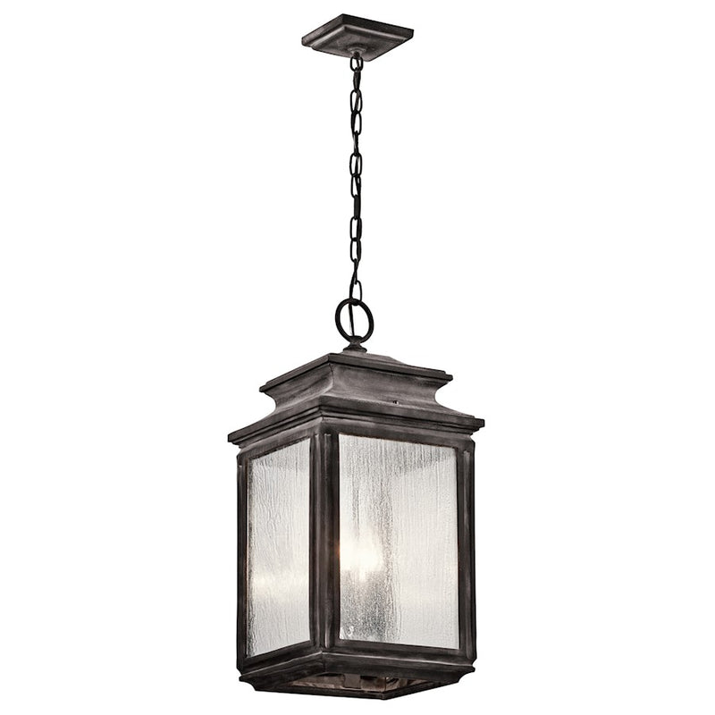 Kichler Wiscombe Park 23in 4-Light Outdoor Pendant | Industrial Weathered Zinc and Clear Seeded Glass | Covered Patio & Entryway | Model 49505WZC