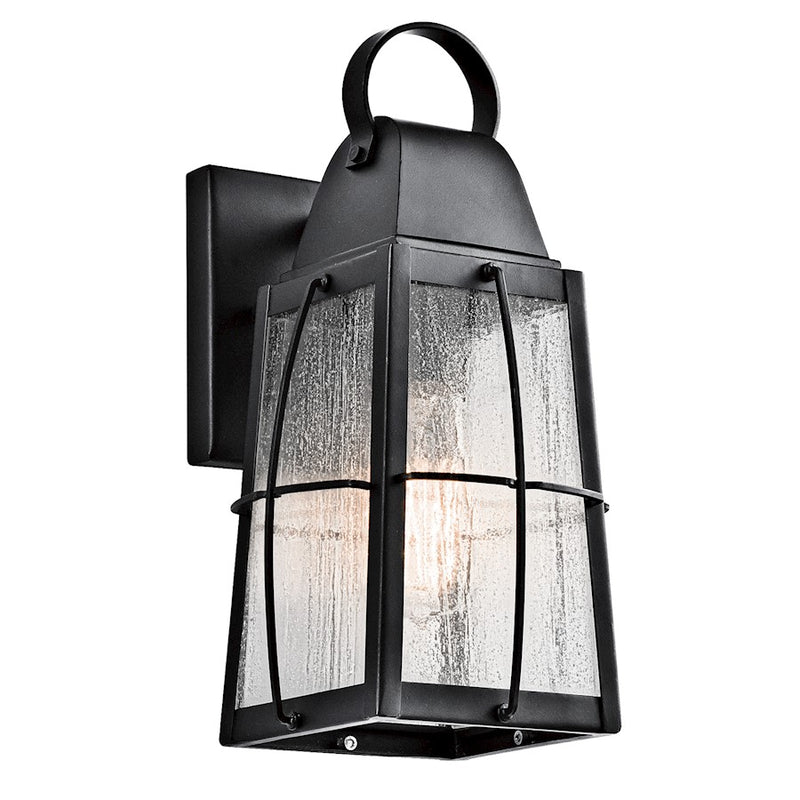Kichler Tolerand 12in 1-Light Outdoor Wall Sconce | Textured Black Aluminum and Clear Seeded Glass | Covered Patio & Entryway | Model 49552BKT