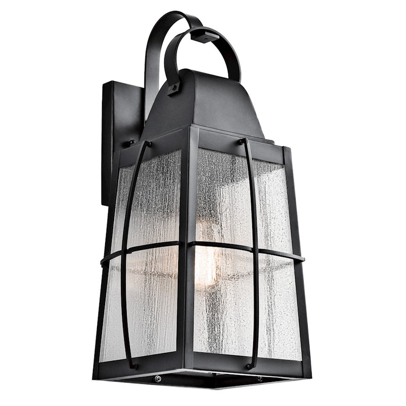 Kichler Tolerand 9.5in 1-Light Outdoor Wall Sconce | Traditional Textured Black and Clear Seeded Glass | Porch & Garage | Model 49554BKT