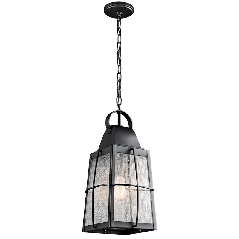 Kichler Tolerand 10in 1-Light Outdoor Pendant | Traditional Textured Black and Clear Seeded Glass | Covered Patio | 9.5 x 19.75 in | Model 49556BKT