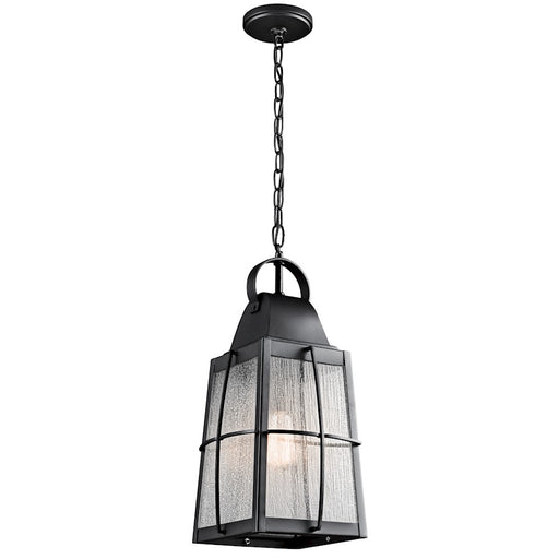 Kichler Tolerand 10in 1-Light Outdoor Pendant | Traditional Textured Black and Clear Seeded Glass | Covered Patio | 9.5 x 19.75 in | Model 49556BKT