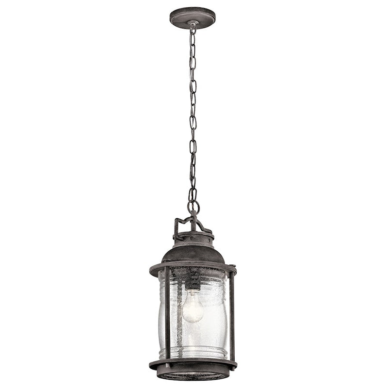 Kichler Ashland Bay 9in 1-Light Outdoor Pendant | Transitional Weathered Zinc and Clear Seeded Ribbed Glass | Covered Porch | Model 49572WZC