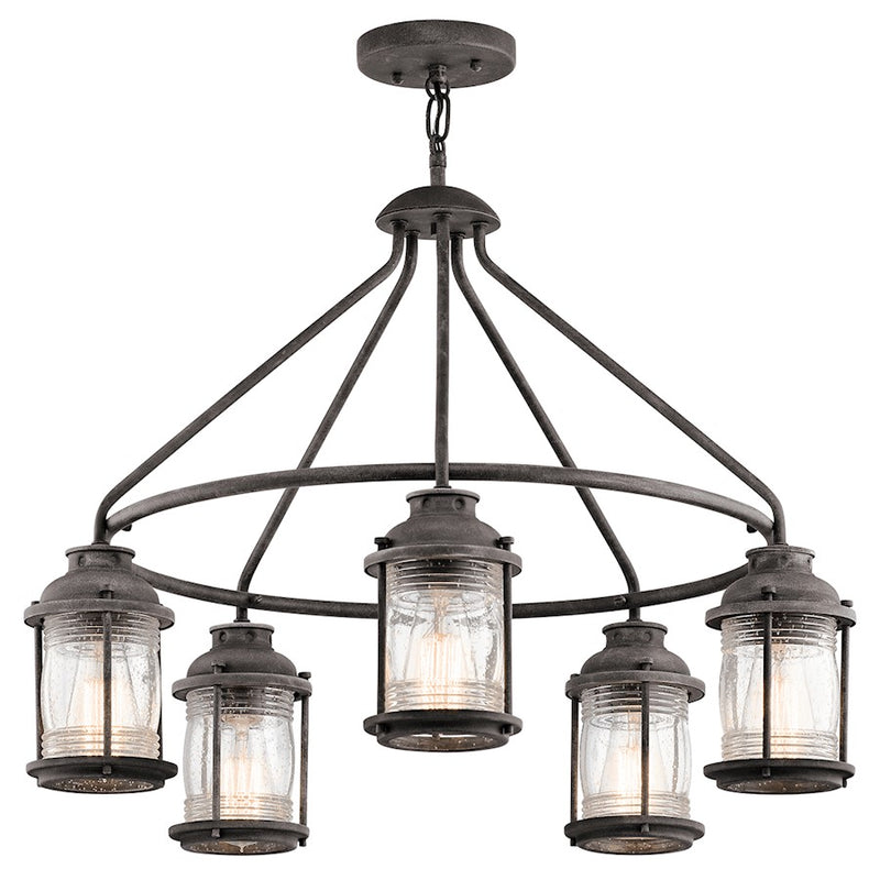 Kichler Ashland Bay 26in 5-Light Outdoor Chandelier | Transitional Weathered Zinc and Clear Seeded Ribbed Glass | Covered Patio | Model 49667WZC