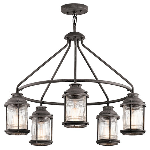 Kichler Ashland Bay 26in 5-Light Outdoor Chandelier | Transitional Weathered Zinc and Clear Seeded Ribbed Glass | Covered Patio | Model 49667WZC