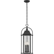 Kichler Harbor Row 10in 4-Light Outdoor Pendant | Farmhouse Textured Black and Clear Seeded Glass | Covered Patios & Entryways | Model 49718BKT