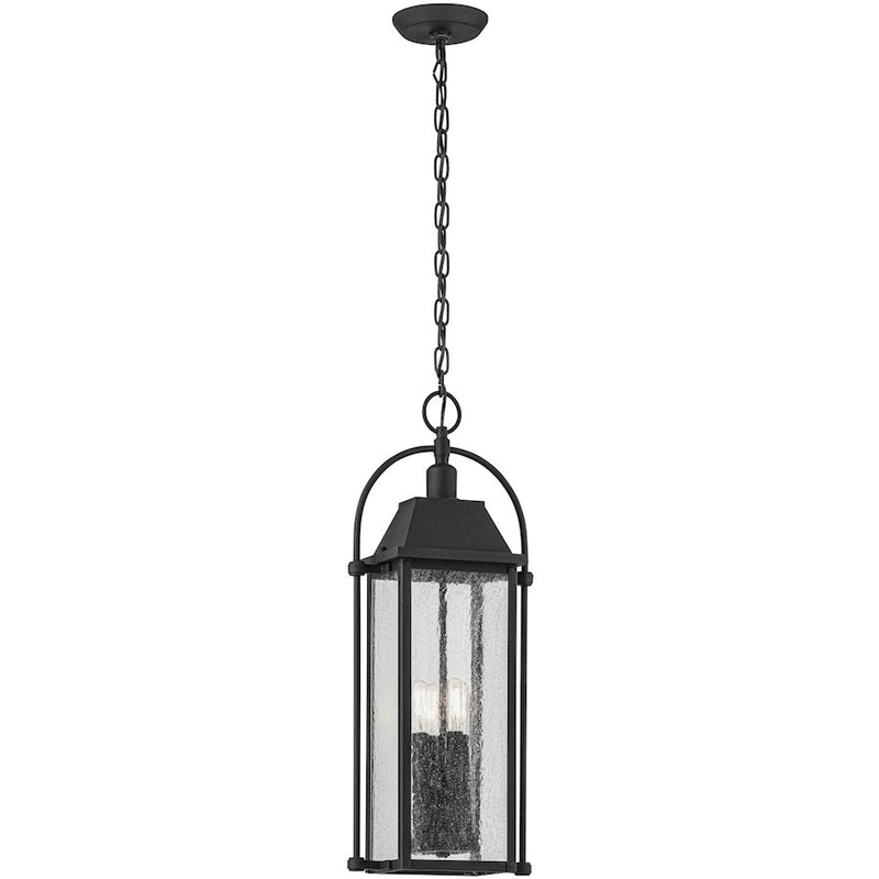 Kichler Harbor Row 10in 4-Light Outdoor Pendant | Farmhouse Textured Black and Clear Seeded Glass | Covered Patios & Entryways | Model 49718BKT