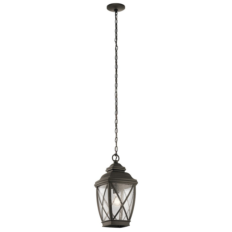 Kichler Tangier 19in 1-Light Outdoor Pendant | Rustic Olde Bronze and Clear Seeded Glass | Covered Patio | 9.5 x 9.5 x 18.75 in | Model 49844OZ