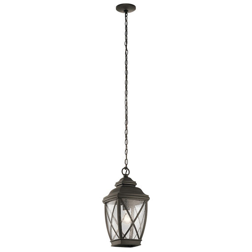 Kichler Tangier 19in 1-Light Outdoor Pendant | Rustic Olde Bronze and Clear Seeded Glass | Covered Patio | 9.5 x 9.5 x 18.75 in | Model 49844OZ