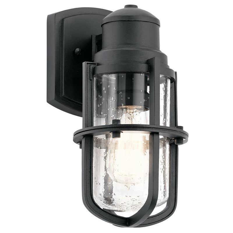 Kichler Suri Outdoor 1-Light Wall Sconce | Transitional Textured Black and Clear Seeded Glass | Covered Patios & Entryways | Model 49857BKT