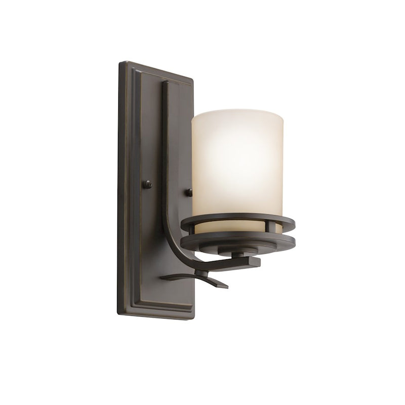 Kichler Hendrik 12in 1-Light Wall Sconce | Contemporary Olde Bronze and Light Umber Glass | Hallways & Living Rooms | 5 x 12 x 8 in | Model 5076OZ