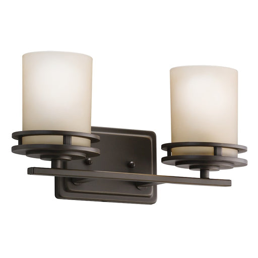 Kichler Hendrik 14in 2-Light Vanity Light | Contemporary Olde Bronze and Light Umber Glass | Bathroom & Powder Room | Model 5077OZ