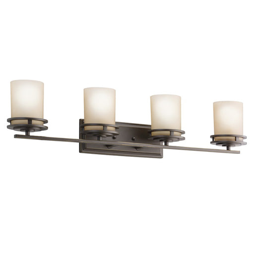 Kichler Hendrik 34in 4-Light Vanity Light | Contemporary Olde Bronze and Light Umber Glass | Bathroom Vanity | 34 x 8 in | Model 5079OZ