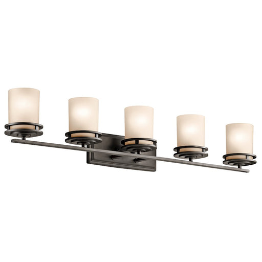 Kichler Hendrik 43in 5-Light Vanity Light | Contemporary Olde Bronze and Light Umber Glass | Bathroom Vanity | 43 x 8 in | Model 5085OZ