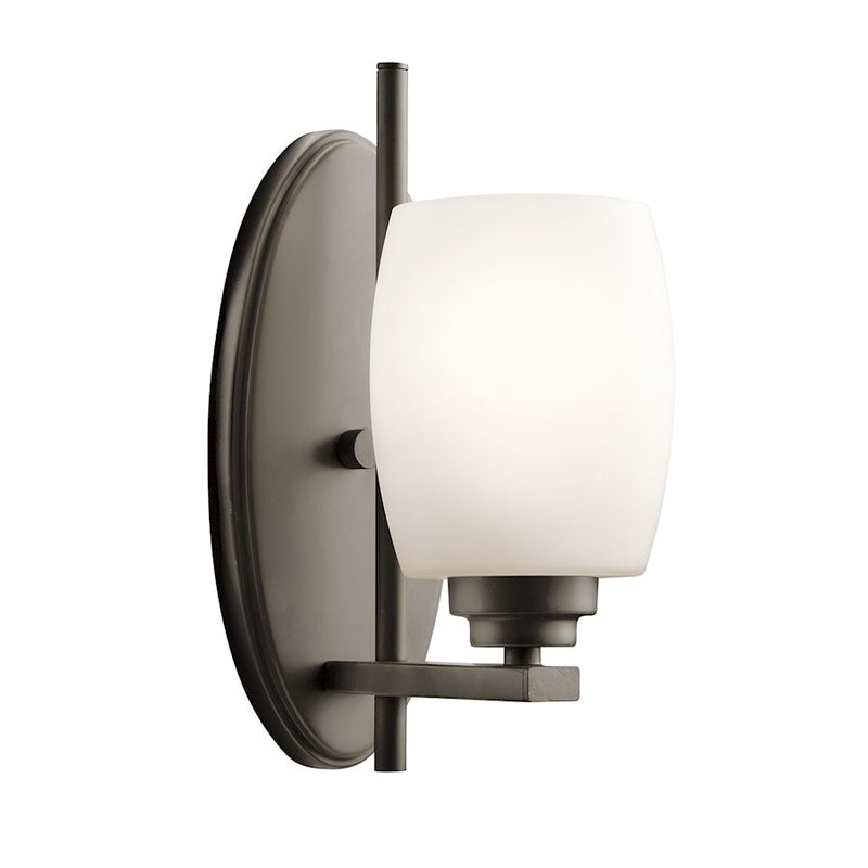 Kichler Eileen 11in 1-Light Wall Sconce | Contemporary Olde Bronze and Satin Etched Cased Opal Glass | Hallway & Bathroom Accent | Model 5096OZS