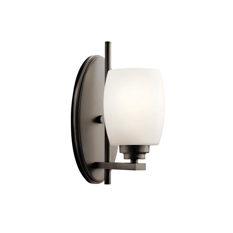 Kichler Eileen 11in 1-Light Wall Sconce | Olde Bronze and Satin Etched Opal Glass | Hallway & Bedroom Accent | 4.5 x 10.75 in | Model 5096OZSL18