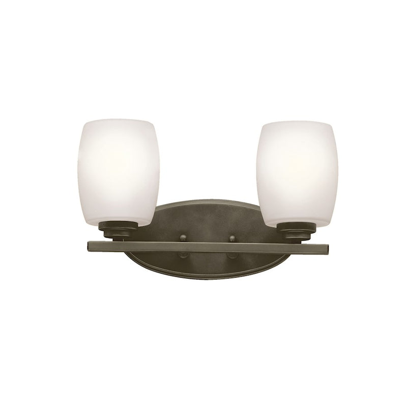 Kichler Eileen 14in 2-Light Bath Vanity Light | Contemporary Olde Bronze and Satin Etched Cased Opal Glass | Bathroom Vanity | Model 5097OZS
