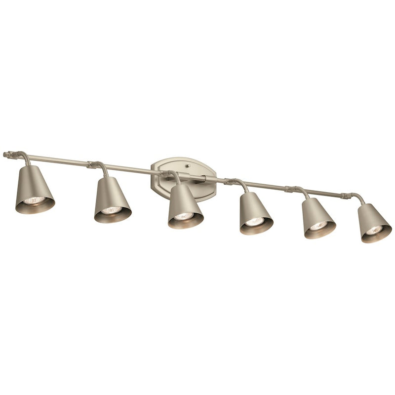 Kichler Sylvia 45in 6-Light Rail Light | Mid-Century Satin Nickel Steel | Kitchen Island & Hallway | 45 x 4.75 x 9.5 in | Model 52130SN