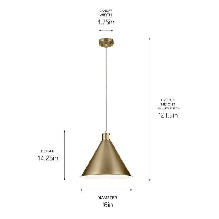 Kichler Zailey 1 Light Cone 14.25" Pendant, Natural Brass