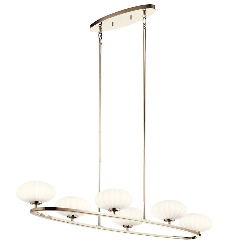 Kichler Pim 48in 6-Light Oval Chandelier | Mid-Century Modern Polished Nickel and Satin Etched Opal Glass | Dining Room & Living Room | Model 52224PN