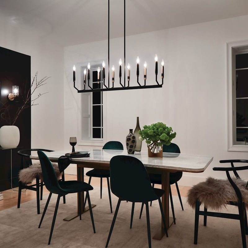 Kichler Armand 43in 12-Light Linear Chandelier | Contemporary Black and Bronze with Faux Leather | Dining Room & Living Room | Model 52350BK