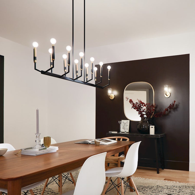 Kichler Armand 43in 12-Light Linear Chandelier | Contemporary Black and Bronze with Faux Leather | Dining Room & Living Room | Model 52350BK
