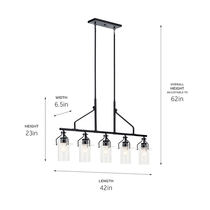 Kichler Everett 42in 5-Light Linear Chandelier | Industrial Brushed Brass and Clear Glass | Kitchen Island & Dining Room | Model 52379NBR