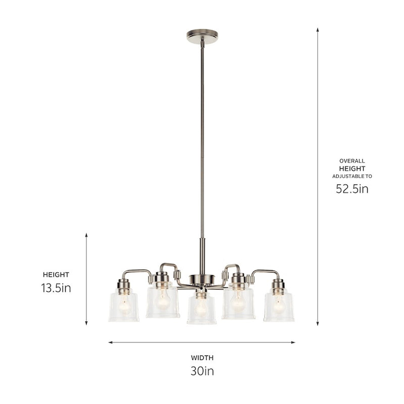 Kichler Aivian 30in 5-Light Chandelier | Industrial Brushed Nickel and Clear Glass | Dining Room & Living Room | 30 x 14 in | Model 52398NI