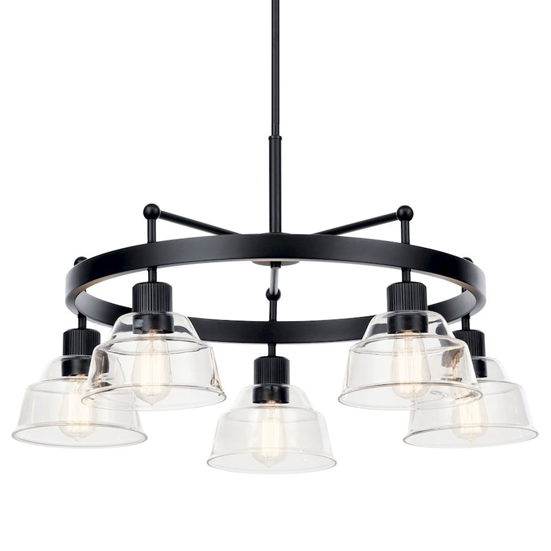 Kichler Eastmont 32in 5-Light Chandelier | Brushed Brass and Walnut Wood with Clear Glass | Dining Room & Living Room | Model 52403BNB
