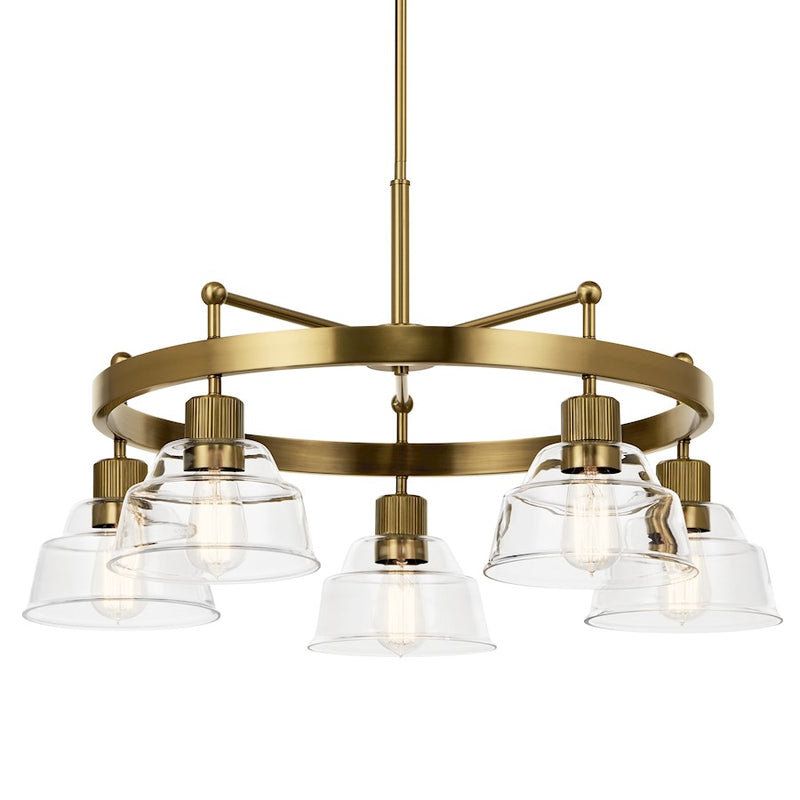 Kichler Eastmont 32in 5-Light Chandelier | Brushed Brass and Walnut Wood with Clear Glass | Dining Room & Living Room | Model 52403BNB