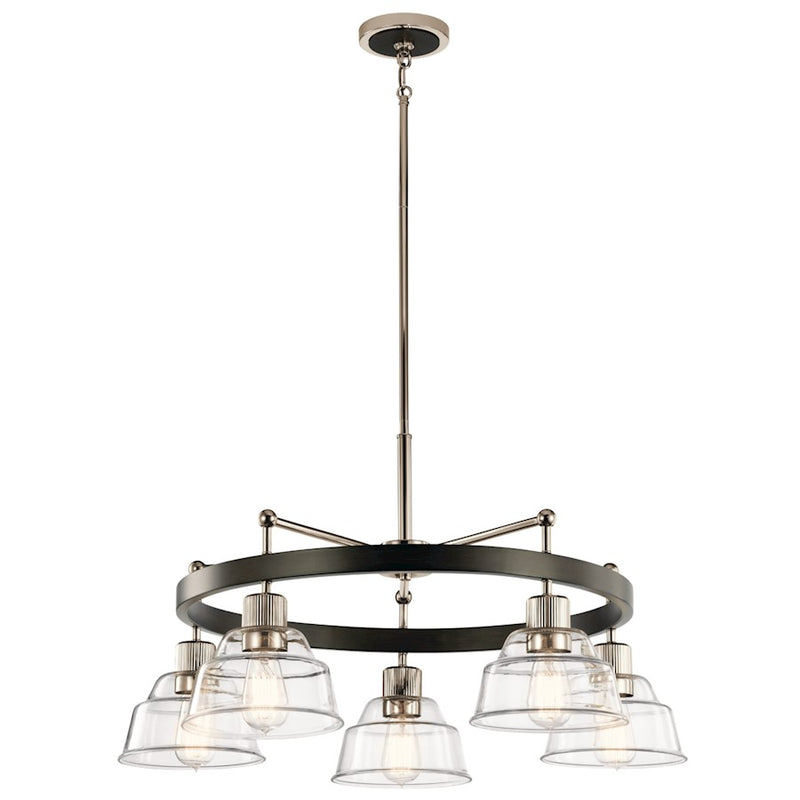 Kichler Eastmont 31.5in 5-Light Chandelier | Vintage Industrial Polished Nickel and Walnut Wood | Dining Room & Living Room | Model 52403PN