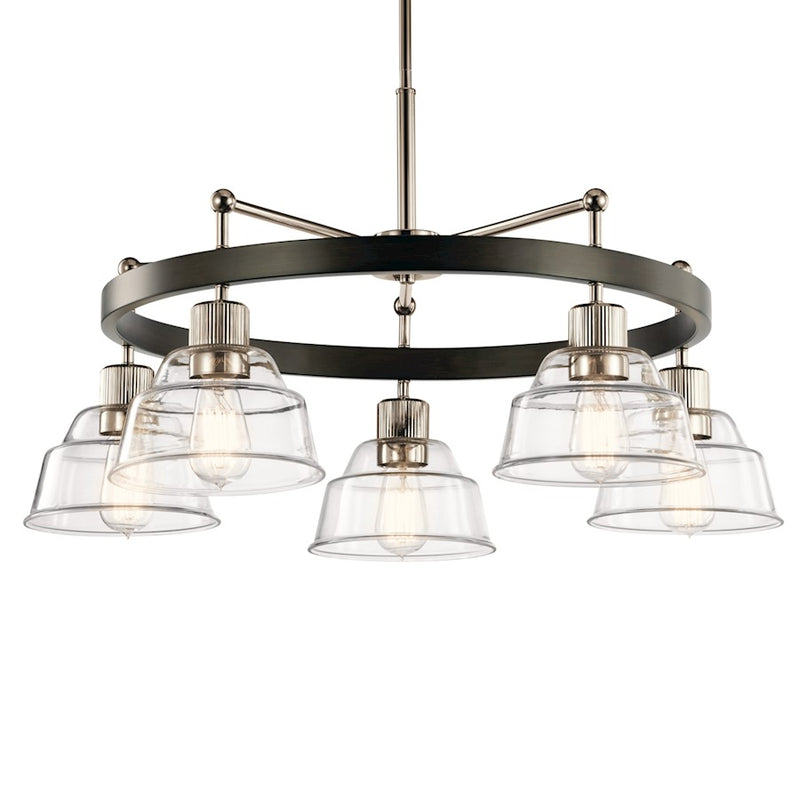 Kichler Eastmont 31.5in 5-Light Chandelier | Vintage Industrial Polished Nickel and Walnut Wood | Dining Room & Living Room | Model 52403PN