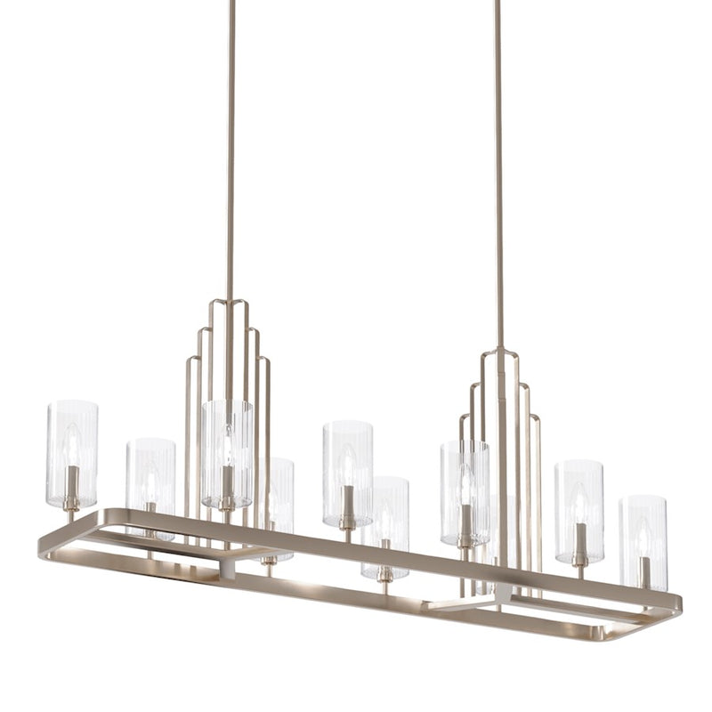Kichler Kimrose 45in 10-Light Linear Chandelier | Art Deco Polished Nickel and Clear Fluted Glass | Dining Room & Kitchen Island | Model 52413PN