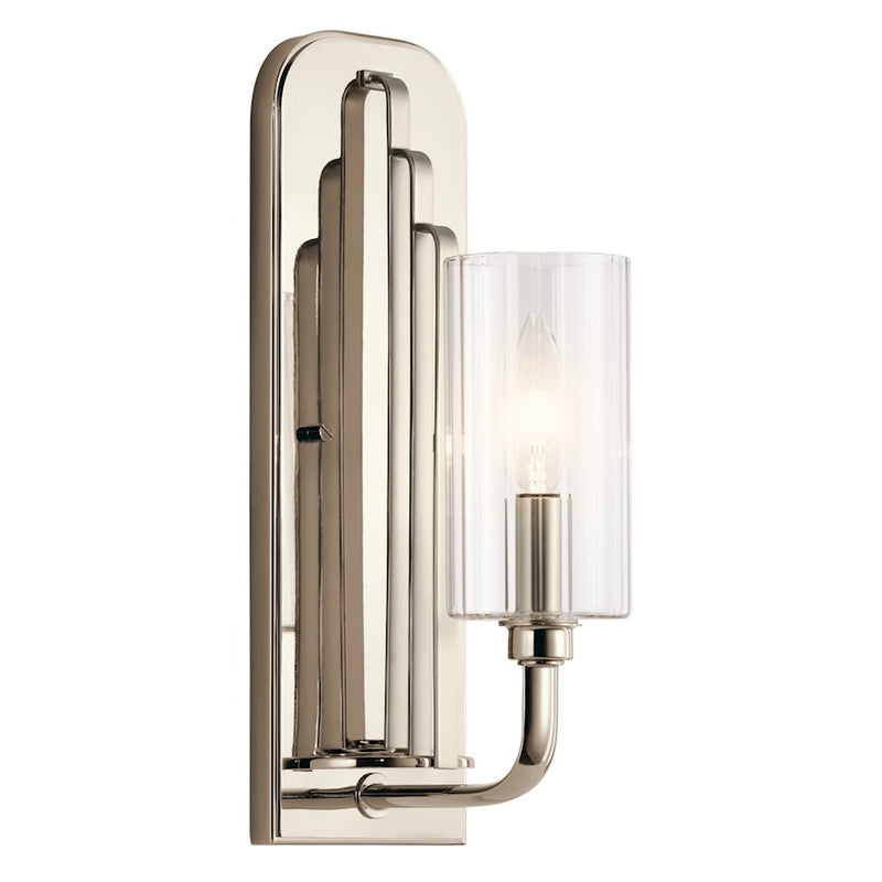 Kichler Kimrose 14in 1-Light Wall Sconce | Art Deco Polished Nickel Steel | Hallway & Living Room Accent | 4.5 x 14 x 6.25 in | Model 52415PN