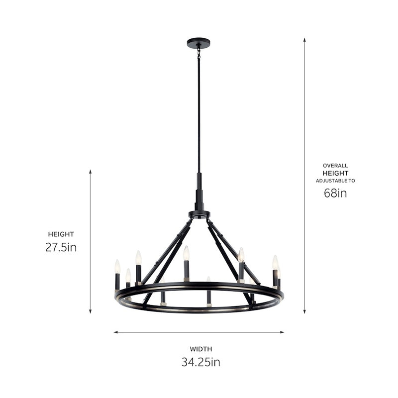 Kichler Emmala 34in 10-Light Chandelier | Art Deco Black Steel | Dining Room & Entryway | 34 x 34 x 28 in | Model 52421BK