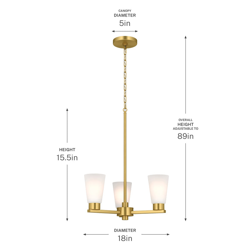 Kichler Stamos 18in 3-Light Chandelier | Modern Brushed Gold Steel and Clear Satin Etched Glass | Dining Room & Living Room | 15.5 in H | Model 52435BG