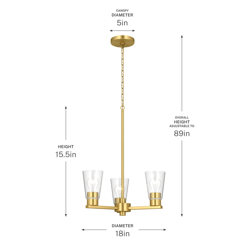 Kichler Stamos 18in 3-Light Chandelier | Modern Brushed Gold Steel and Clear Glass | Dining Room & Living Room | 15.5 in H | Model 52435BGCLR