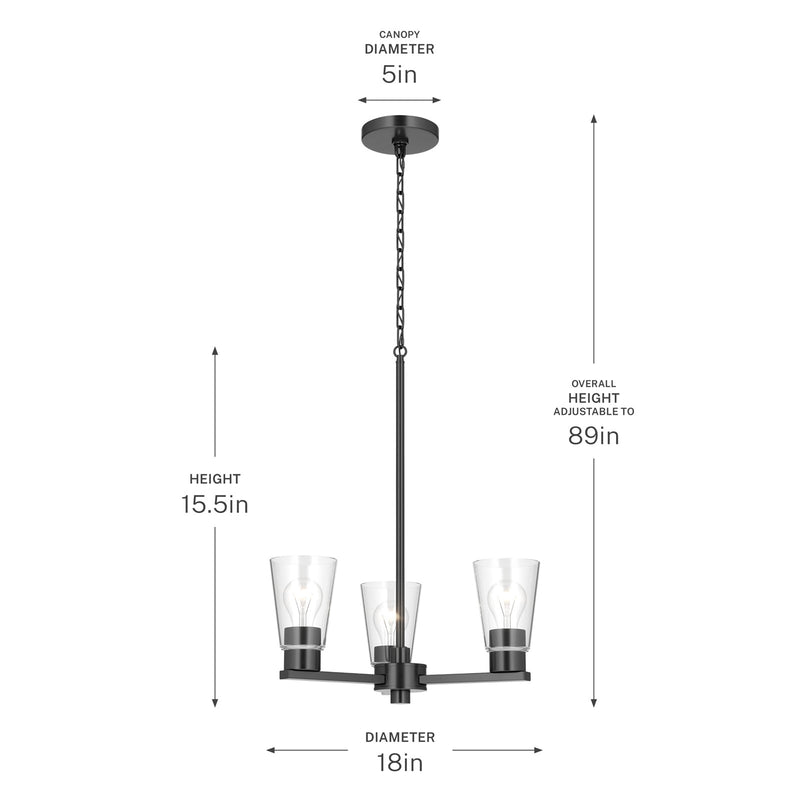 Kichler Stamos 18in 3-Light Chandelier | Modern Black Steel and Clear Glass | Dining Room & Living Room | 15.5 in H | Model 52435BKCLR