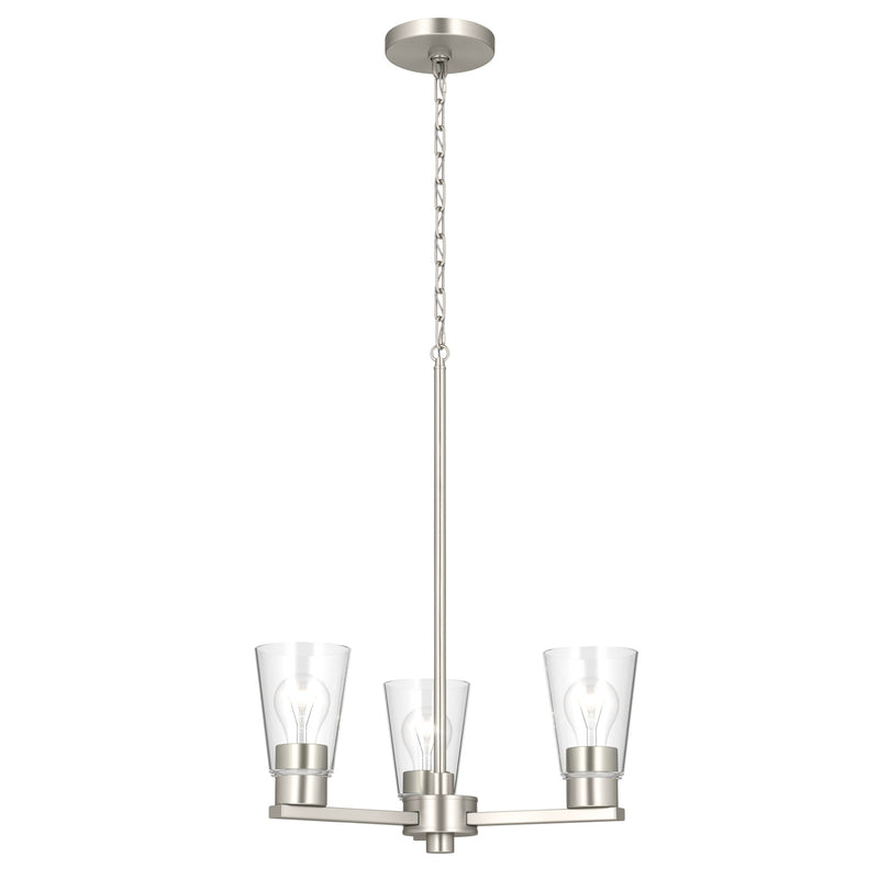 Kichler Stamos 18in 3-Light Chandelier | Modern Brushed Nickel Steel and Clear Glass | Dining Room & Living Room | 15.5 in H | Model 52435NICLR