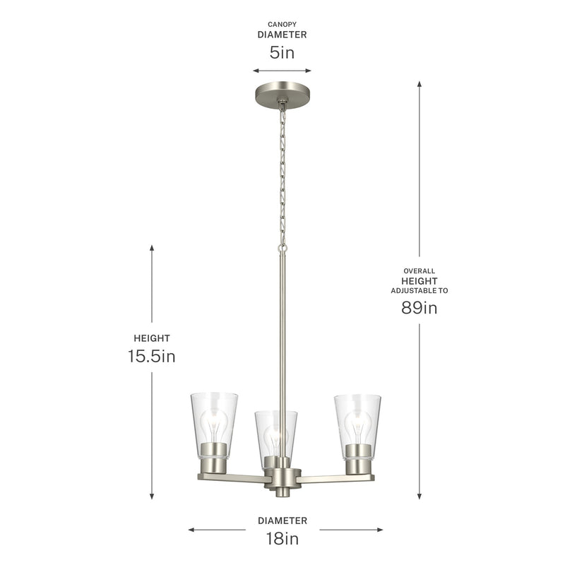 Kichler Stamos 18in 3-Light Chandelier | Modern Brushed Nickel Steel and Clear Glass | Dining Room & Living Room | 15.5 in H | Model 52435NICLR