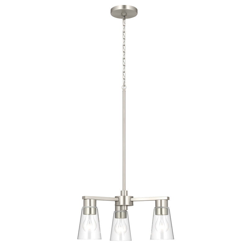 Kichler Stamos 18in 3-Light Chandelier | Modern Brushed Nickel Steel and Clear Glass | Dining Room & Living Room | 15.5 in H | Model 52435NICLR