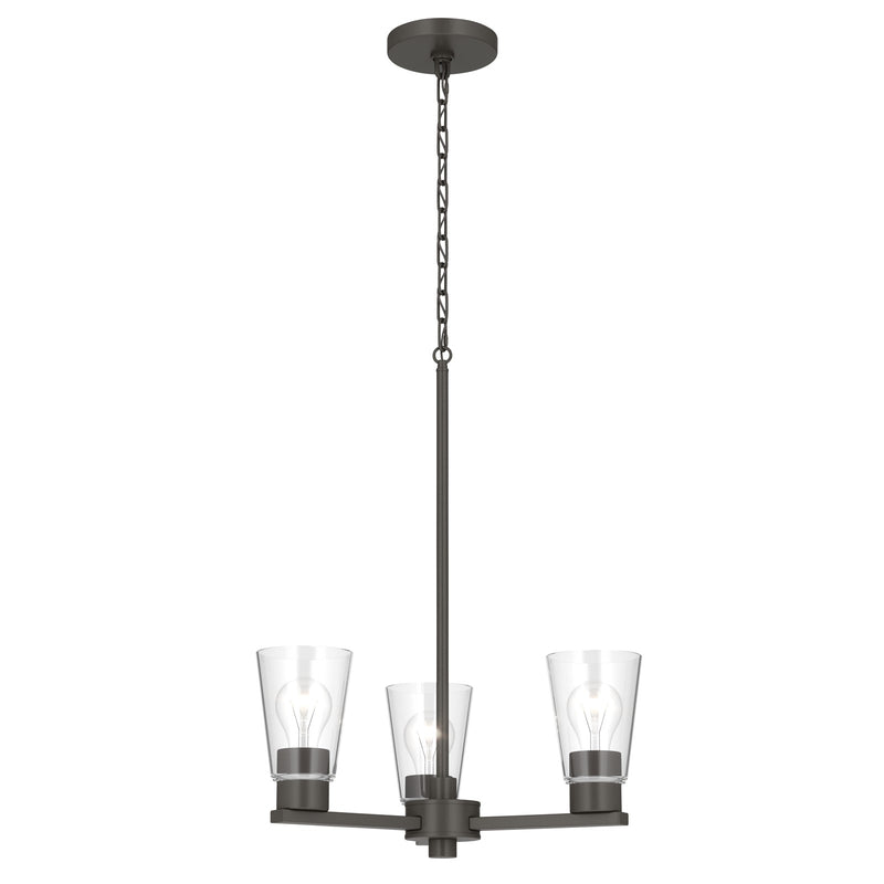 Kichler Stamos 18in 3-Light Chandelier | Modern/Contemporary Olde Bronze Steel and Clear Satin Etched Glass | Dining Room & Living Room | Model 52435OZCLR