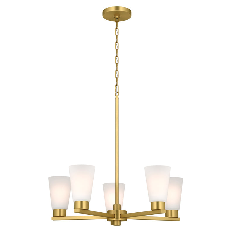 Kichler Stamos 24in 5-Light Chandelier | Modern/Contemporary Brushed Gold Steel and Clear Satin Etched Glass | Dining Room & Living Room | Model 52436BG